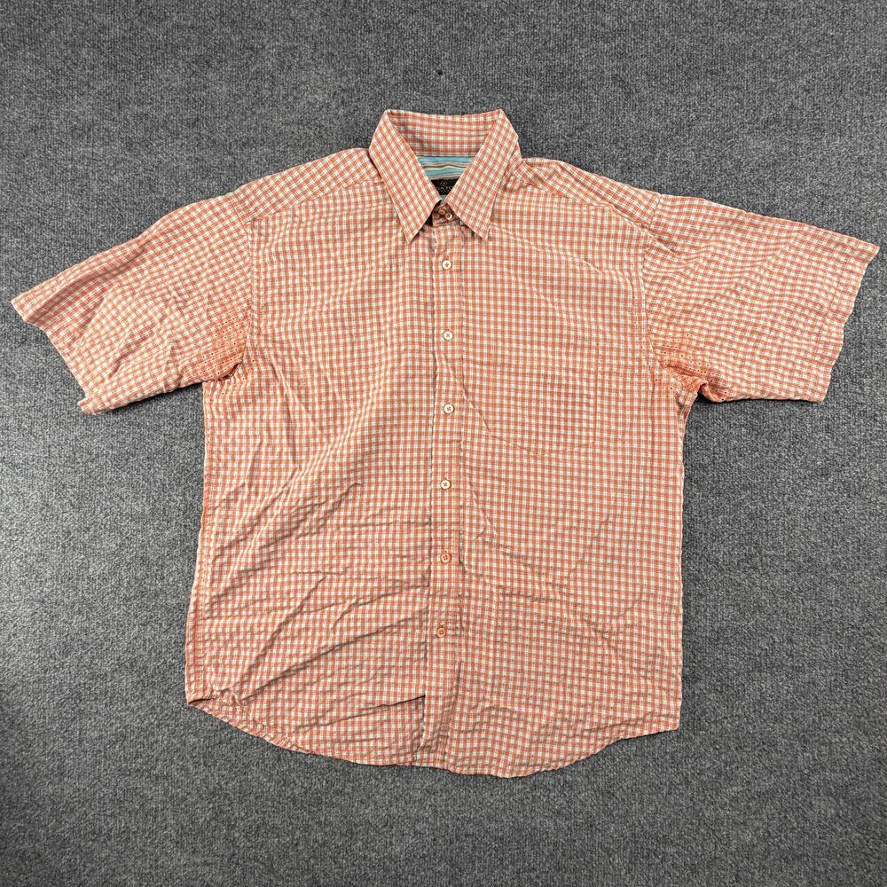 Bugatchi Uomo Shirt Mens XL Orange Check Short Sleeve Button Up Modal Woven